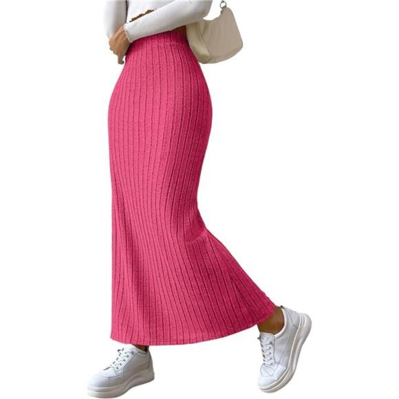 Women's Side Slit Ribbed Knit Bodycon Long Skirts Pink - Picture 1 of 5